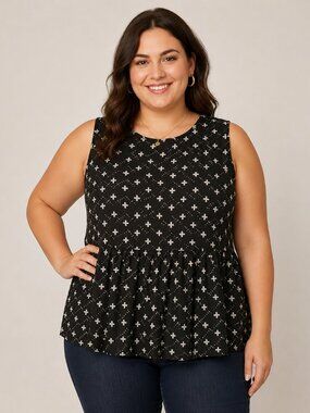 Southern Stitch Black & White Cross Print Sleeveless Peplum Blouse 2XL